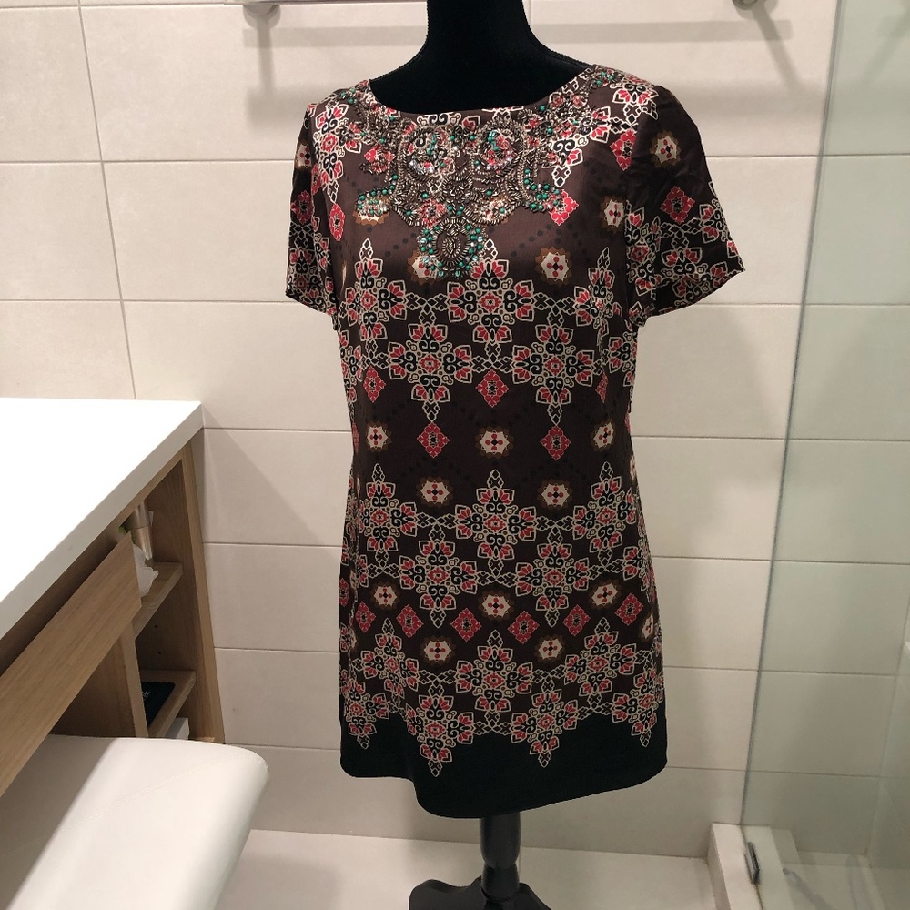 MONSOON BROWN 100% SILK WITH JEWEL EMBELLISHED SHIFT DRESS